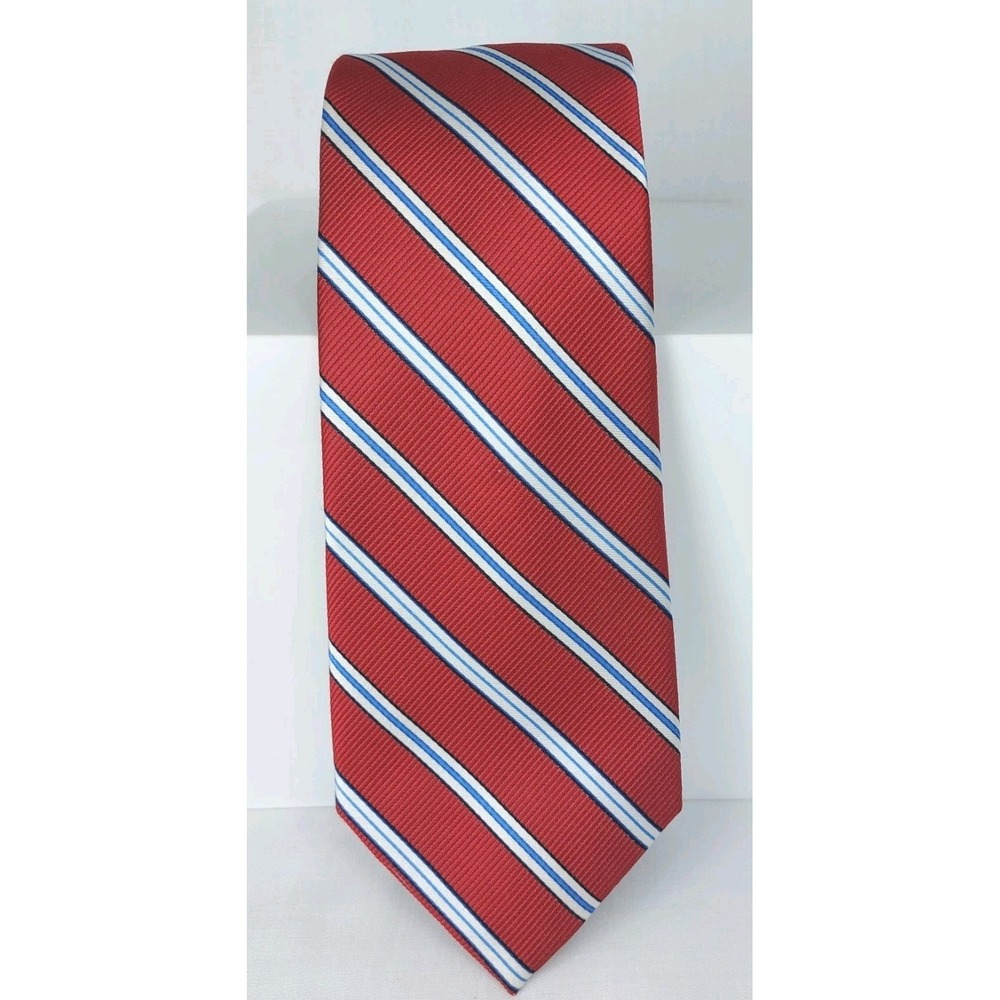 Roundtree and Yorke Mens Red Blue Striped Repp Necktie Silk Handmade Tie3.5"x58"